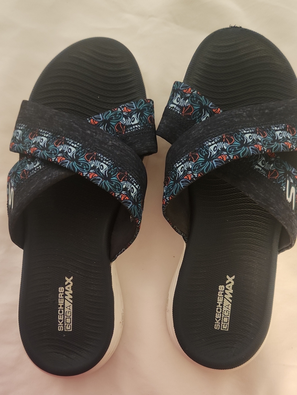 Skechers Women’s Black Slide Sandals with Blue and Orange Patterned Straps
